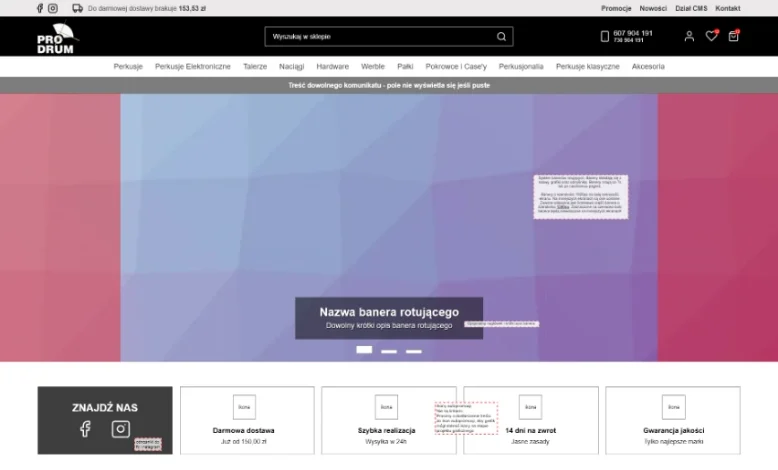 Makieta strony głównej sklepu Prodrum: nagłówek, menu, miejsce na baner i kafelki z ikonami do uzupełnienia